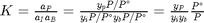 $K = \frac{a_P}{a_I a_B} = \frac{y_p P/P^\circ}{y_i P/P^\circ y_b P/P^\circ} = \frac{y_P}{y_i y_b}\frac{P^\circ}{P}$